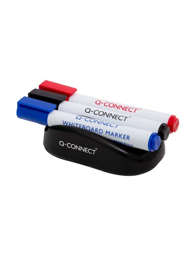 Borrador q-connect magnetico para pizarra blanca con 3 rotuladores azul negro y rojo