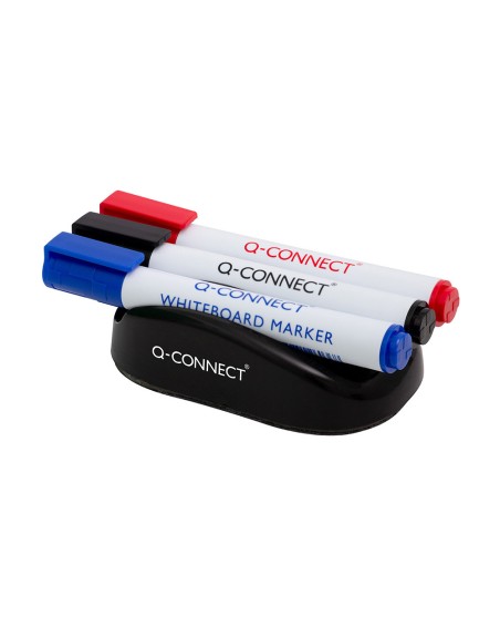 Borrador q-connect magnetico para pizarra blanca con 3 rotuladores azul negro y rojo