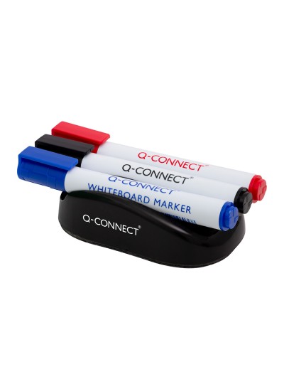 Borrador q-connect magnetico para pizarra blanca con 3 rotuladores azul negro y rojo