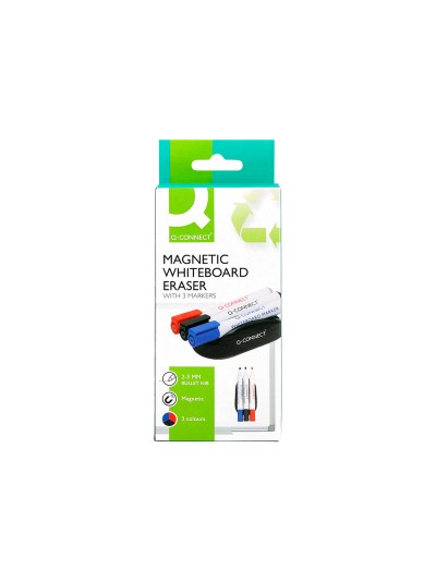 Borrador q-connect magnetico para pizarra blanca con 3 rotuladores azul negro y rojo