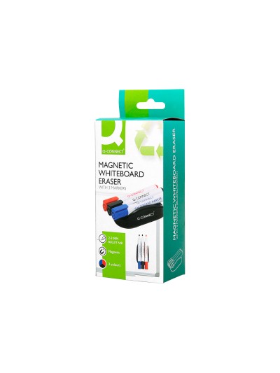 Borrador q-connect magnetico para pizarra blanca con 3 rotuladores azul negro y rojo