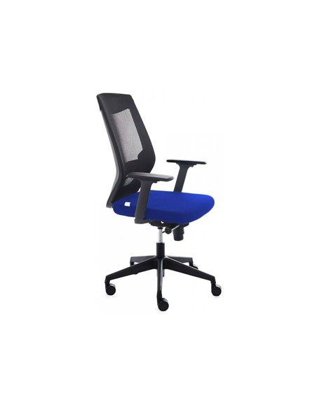 Silla rocada de oficina con brazos tapizada en tela ignifuga azul y respaldo en polimero negro