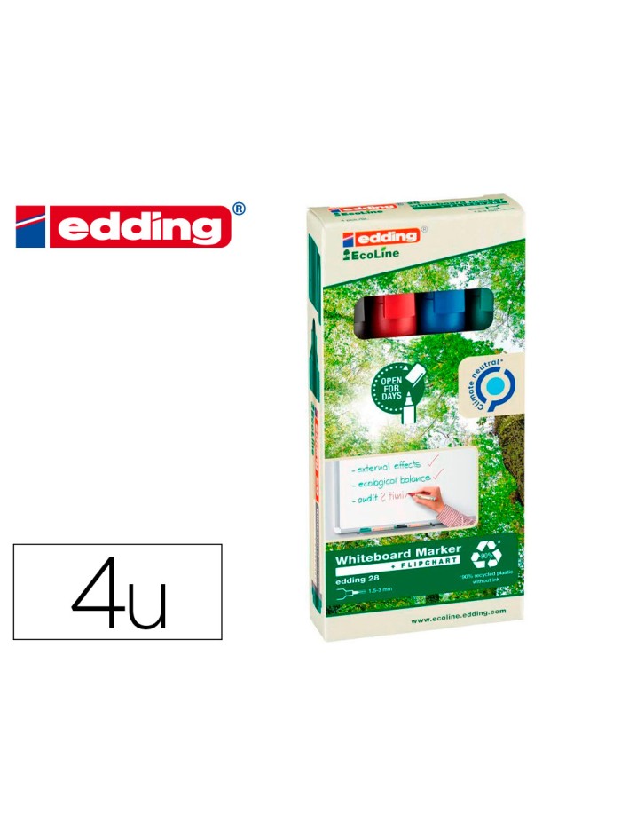 Rotulador edding 28 para pizarra blanca ecoline 90% reciclado bolsa 4 colores surtidos punta redonda 1,5-3 Rotulador edding 28 para pizarra blanca ecoline 90% reciclado bolsa 4 colores surtidos punta redonda 1,5-3