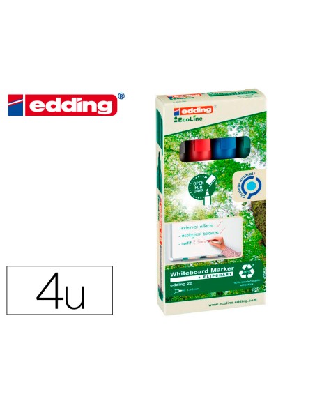 Rotulador edding 28 para pizarra blanca ecoline 90% reciclado bolsa 4 colores surtidos punta redonda 1,5-3