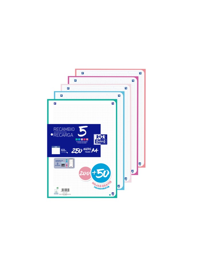 Recambio oxford din a4 200+50 hojas gratis cuadro 5 mm 4 taladros con banda 5 colores pastel Recambio oxford din a4 200+50 hojas gratis cuadro 5 mm 4 taladros con banda 5 colores pastel