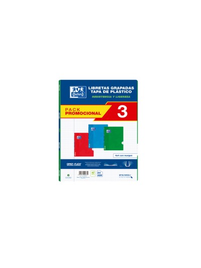 Libreta escolar oxford openflex din a4 48 hojas cuadro 4 mm pack de 3 unidades colores surtidos
