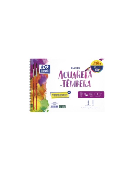Bloc de dibujo oxford acuarela espiral din a4+ 10 hojas microperforado con pinceles