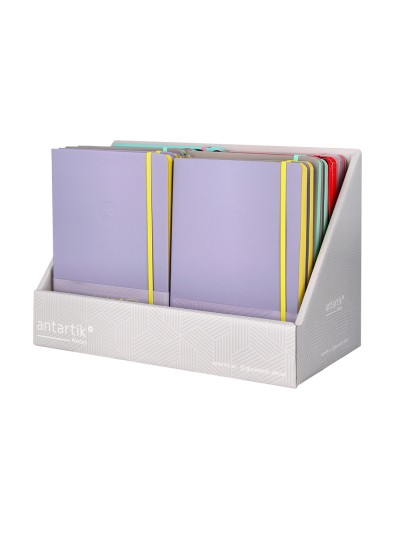 Cuaderno con gomilla antartik note tapa dura y blanda bicolor expositor de 18 unidades surtidas