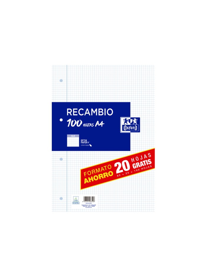 Recambio oxford din a4 80+20 hojas gratis 90 gr cuadro 4 mm 4 taladros Recambio oxford din a4 80+20 hojas gratis 90 gr cuadro 4 mm 4 taladros