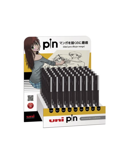 Expositor rotulador uniball pin calibrado micrometrico color negro expositor de 54 unidades surtidas
