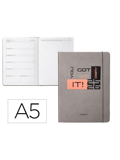 Agenda escolar antartik 25-26 encuadernada go! simil piel gris semana vista a5 bilingüe papel fsc 80 gr