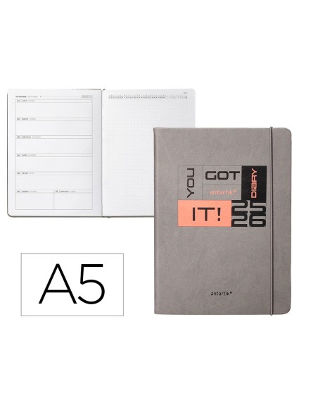 Agenda escolar antartik 25-26 encuadernada go! simil piel gris semana vista a5 bilingüe papel fsc 80 gr