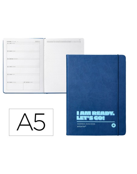Agenda escolar antartik 25-26 encuadernada go! simil piel azul oscuro semana vista a5 bilingüe papel fsc 80 gr