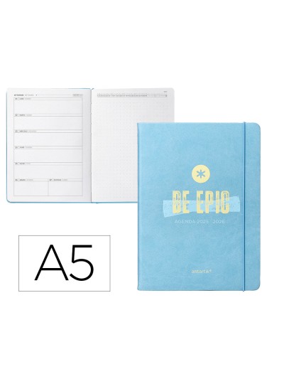 Agenda escolar antartik 25-26 encuadernada go! simil piel azul semana vista a5 bilingüe papel fsc 80 gr