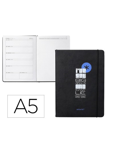 Agenda escolar antartik 25-26 encuadernada go! simil piel negro semana vista a5 bilingüepapel fsc 80 gr