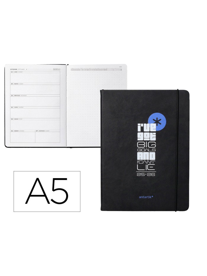 Agenda escolar antartik 25-26 encuadernada go! simil piel negro semana vista a5 bilingüepapel fsc 80 gr Agenda escolar antartik 25-26 encuadernada go! simil piel negro semana vista a5 bilingüepapel fsc 80 gr