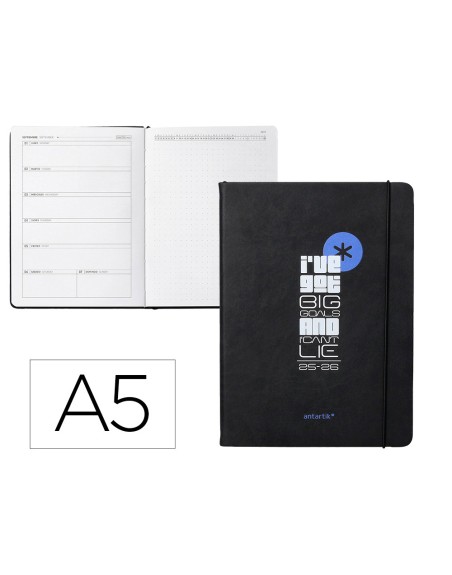 Agenda escolar antartik 25-26 encuadernada go! simil piel negro semana vista a5 bilingüepapel fsc 80 gr