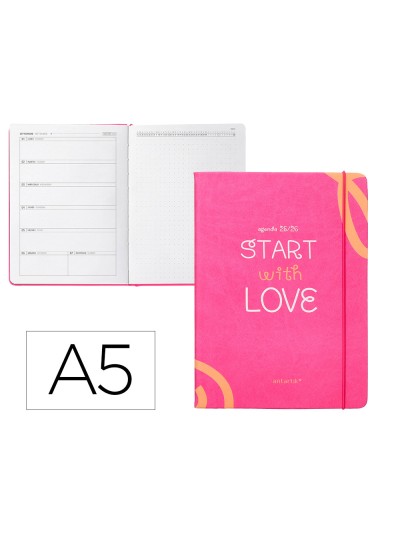 Agenda escolar antartik 25-26 encuadernada go! simil piel fucsia semana vista a5 bilingüe papel fsc 80 gr