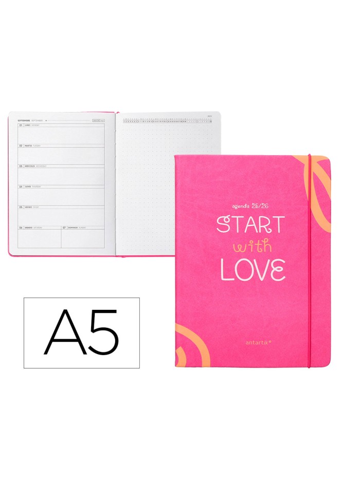 Agenda escolar antartik 25-26 encuadernada go! simil piel fucsia semana vista a5 bilingüe papel fsc 80 gr