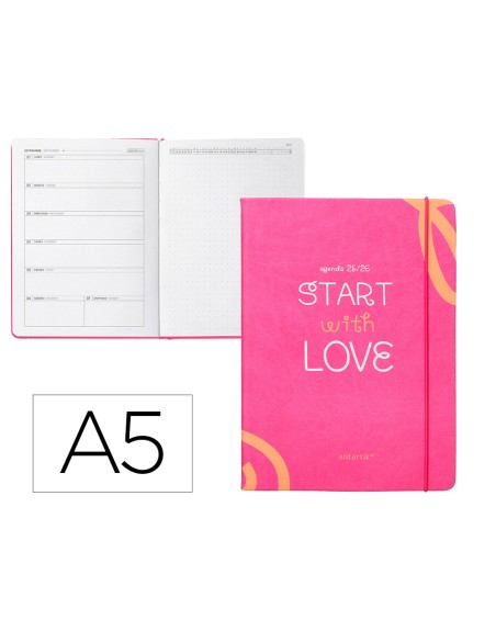 Agenda escolar antartik 25-26 encuadernada go! simil piel fucsia semana vista a5 bilingüe papel fsc 80 gr