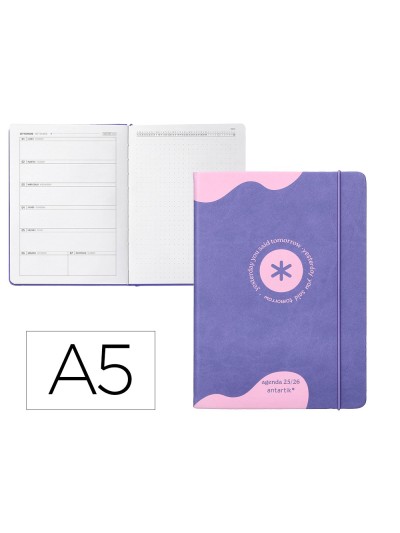 Agenda escolar antartik 25-26 encuadernada go! simil piel morado semana vista a5 bilingüe papel fsc 80 gr