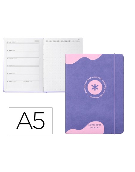 Agenda escolar antartik 25-26 encuadernada go! simil piel morado semana vista a5 bilingüe papel fsc 80 gr