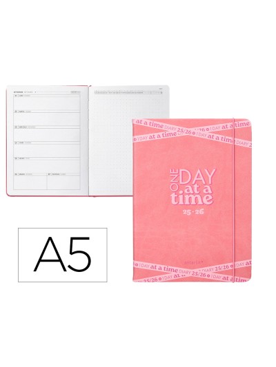 Agenda escolar antartik 25-26 encuadernada go! simil piel rosa semana vista a5 bilingüe papel fsc 80 gr