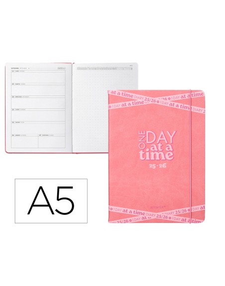 Agenda escolar antartik 25-26 encuadernada go! simil piel rosa semana vista a5 bilingüe papel fsc 80 gr