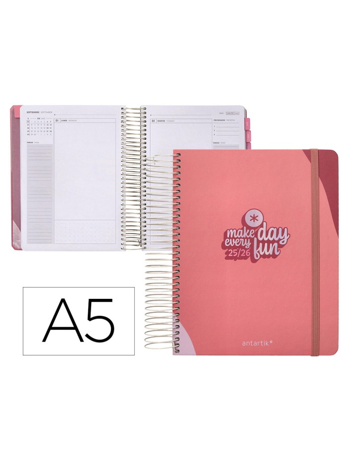 Agenda escolar antartik 25-26 espiral fun day rosa dia pagina a5 bilingüe papel fsc 80 gr Agenda escolar antartik 25-26 espiral fun day rosa dia pagina a5 bilingüe papel fsc 80 gr