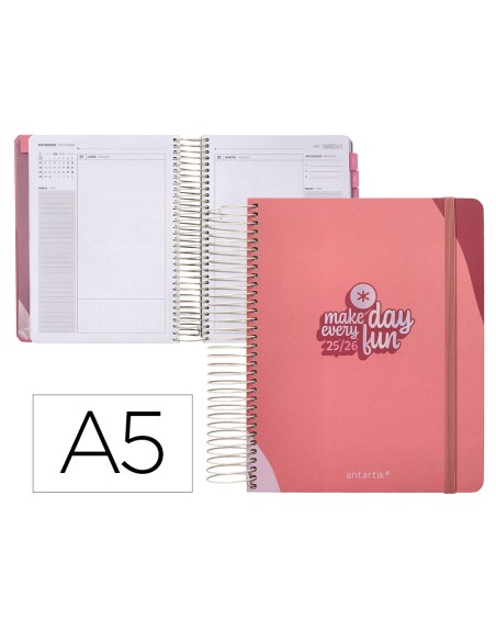 Agenda escolar antartik 25-26 espiral fun day rosa dia pagina a5 bilingüe papel fsc 80 gr