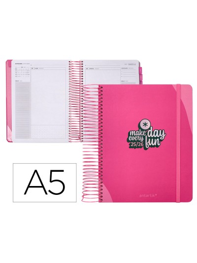 Agenda escolar antartik 25-26 espiral fun day fucsia dia pagina a5 bilingüe papel fsc 80 gr