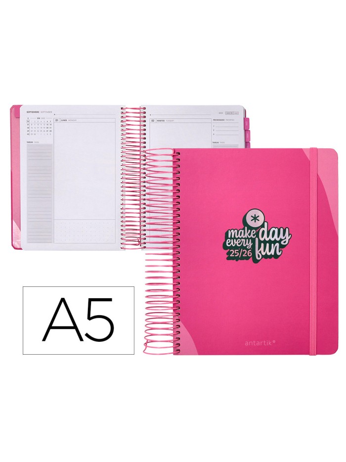 Agenda escolar antartik 25-26 espiral fun day fucsia dia pagina a5 bilingüe papel fsc 80 gr Agenda escolar antartik 25-26 espiral fun day fucsia dia pagina a5 bilingüe papel fsc 80 gr
