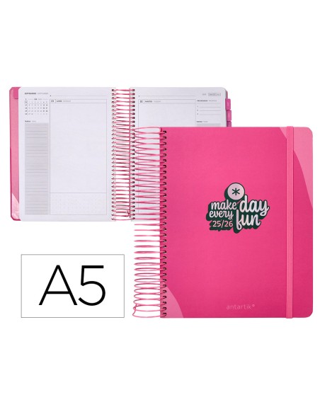 Agenda escolar antartik 25-26 espiral fun day fucsia dia pagina a5 bilingüe papel fsc 80 gr