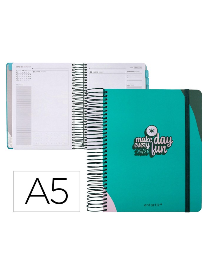 Agenda escolar antartik 25-26 espiral fun day turquesa dia pagina a5 bilingüe papel fsc 80 gr Agenda escolar antartik 25-26 espiral fun day turquesa dia pagina a5 bilingüe papel fsc 80 gr