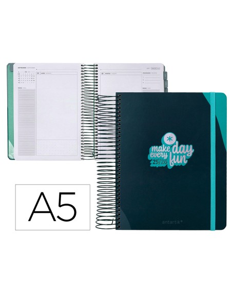 Agenda escolar antartik 25-26 espiral fun day azul oscuro dia pagina a5 bilingüe papel fsc 80 gr