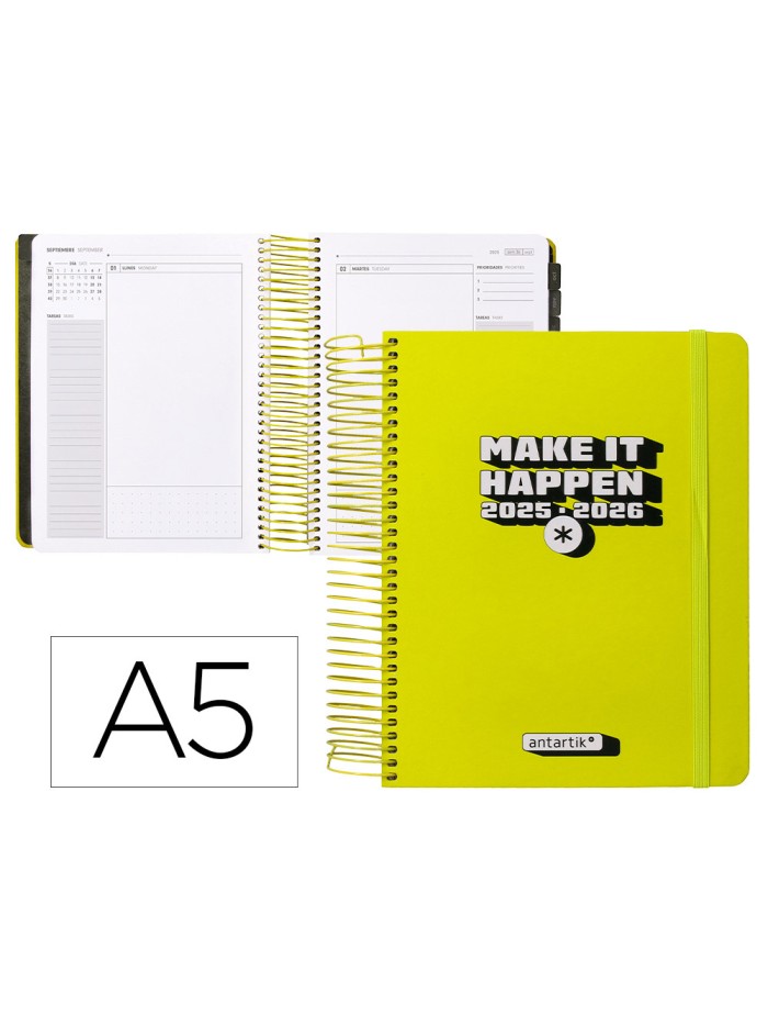 Agenda escolar antartik 25-26 espiral neon amarillo dia pagina a5 bilingüe papel fsc 80 gr Agenda escolar antartik 25-26 espiral neon amarillo dia pagina a5 bilingüe papel fsc 80 gr