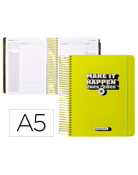 Agenda escolar antartik 25-26 espiral neon amarillo dia pagina a5 bilingüe papel fsc 80 gr