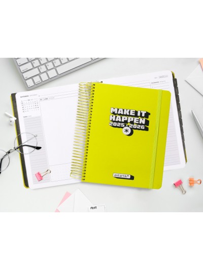 Agenda escolar antartik 25-26 espiral neon amarillo dia pagina a5 bilingüe papel fsc 80 gr