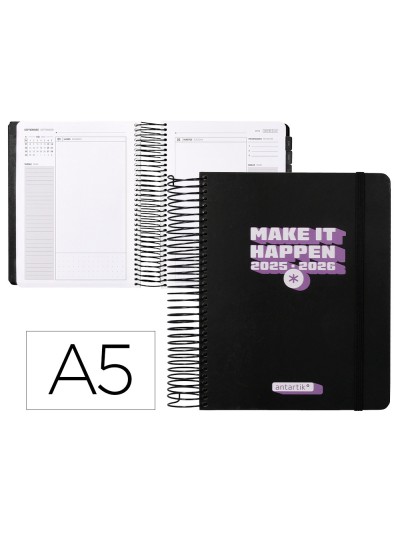 Agenda escolar antartik 25-26 espiral neon negro dia pagina a5 bilingüe papel fsc 80 gr