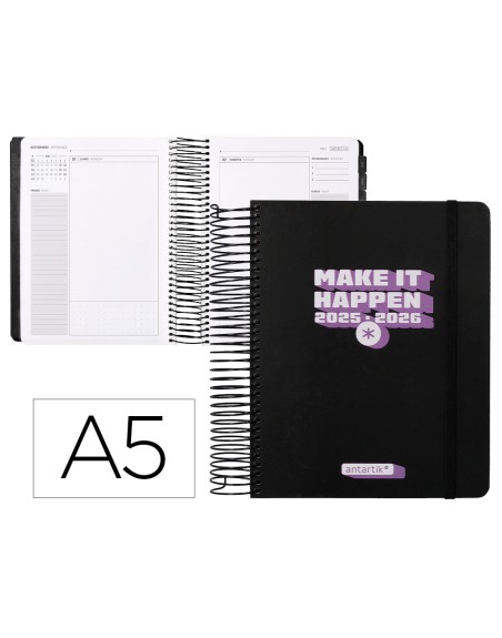 Agenda escolar antartik 25-26 espiral neon negro dia pagina a5 bilingüe papel fsc 80 gr