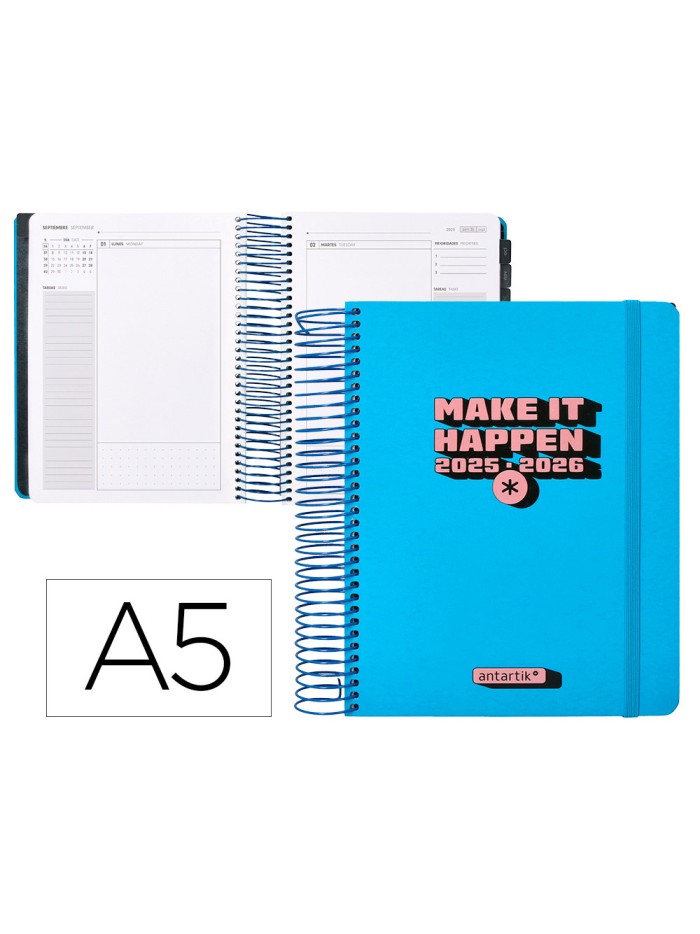 Agenda escolar antartik 25-26 espiral neon azul dia pagina a5 bilingüe papel fsc 80 gr Agenda escolar antartik 25-26 espiral neon azul dia pagina a5 bilingüe papel fsc 80 gr