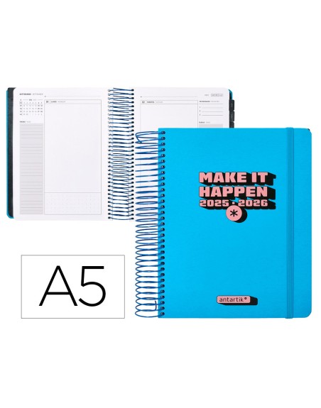 Agenda escolar antartik 25-26 espiral neon azul dia pagina a5 bilingüe papel fsc 80 gr