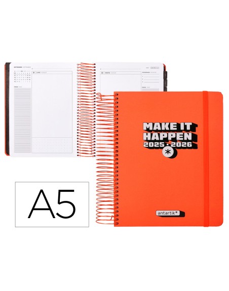 Agenda escolar antartik 25-26 espiral neon rosa dia pagina a5 bilingüe papel fsc 80 gr