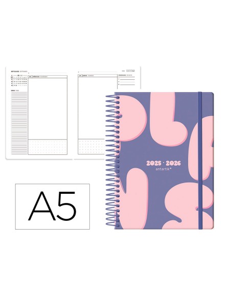 Agenda escolar antartik 25-26 espiral plans morado dia pagina a5 bilingüe papel fsc 80 gr