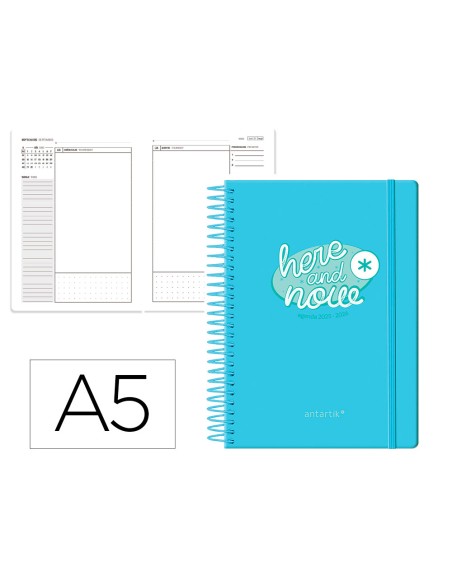 Agenda escolar antartik 25-26 espiral here and now azul dia pagina a5 bilingüe papel fsc 80 gr 80 gr