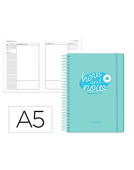Agenda escolar antartik 25-26 espiral here and now turquesa dia pagina a5 bilingüe papel fsc 80 gr 80 gr