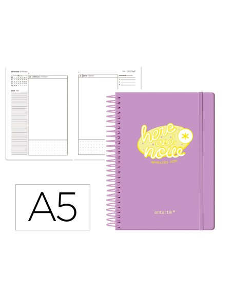 Agenda escolar antartik 25-26 espiral here and now morado dia pagina a5 bilingüe papel fsc 80 gr