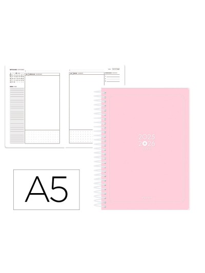 Agenda escolar antartik 25-26 espiral essentials rosa dia pagina a5 bilingüe papel fsc 80 gr