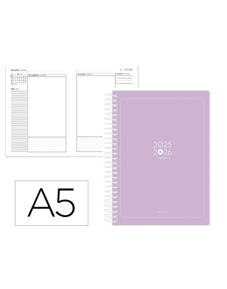 Agenda escolar antartik 25-26 espiral essentials morado dia pagina a5 bilingüe papel fsc 80 gr