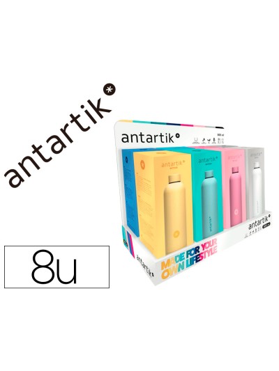 Botella antartik isotermica acero inoxidable libre de bpa 750ml expositor con 8 botellas